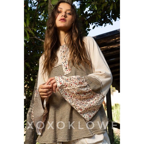 POL Olive + Cream Floral Sleeve Half Button Henley Top - Picture 7 of 16